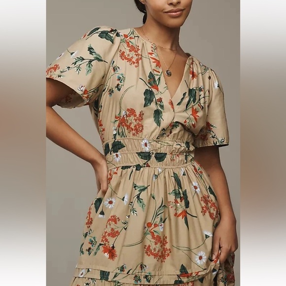 Anthropologie The Somerset Maxi Dress Cotton Tiered XL Khaki Beige Floral Puff - Picture 13 of 16